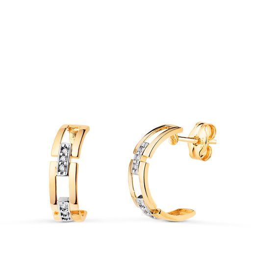 18K Pendientes Oro Bicolor Medio Aro Eslabones Con Circonitas. Medida: 13 X 3,5Mm. Cierre Presion