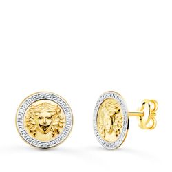 18K Pendientes Oro Bicolor Medusa Y Borde De Greca 12 Mm Cierre Presion