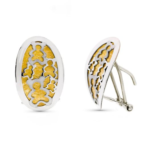 18K Pendientes Oro Bicolor Oso Mate Y Brillo Cierre Omega