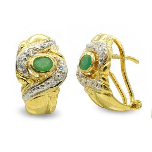 18K Pendientes Oro Bicolor Oval Circonita Cierre Omega