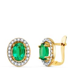 18K Pendientes Oro Bicolor Oval Esmeralda 7X5 Mm - 1.54 Qt. 11X9 Mm. Cierre Catalan