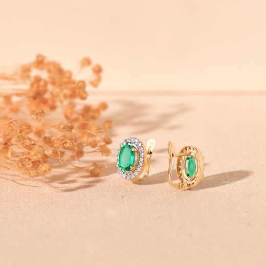 18K Pendientes Oro Bicolor Oval Esmeralda 7X5 Mm - 1.54 Qt. 11X9 Mm. Cierre Catalan