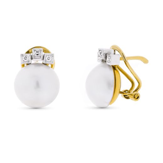 18K Pendientes Oro Bicolor Perla Japonesa Con Circonita 10-12 Mm Cierre Omega
