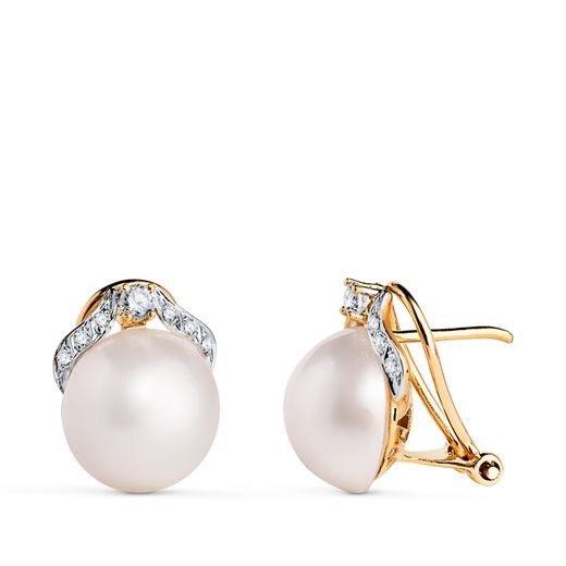 18K Pendientes Oro Bicolor Perla Japonesa Con Circonitas. Medida: 14X11 Mm. Cierre Omega
