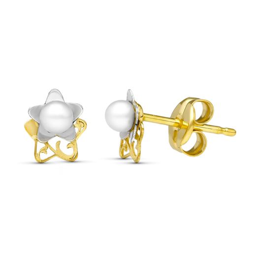 18K Pendientes Oro Bicolor Perla Laser. 6X5 Mm Cierre Presion