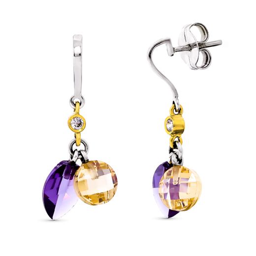18K Pendientes Oro Bicolor Piedras Amatista Y Kuncita Cierre Presion