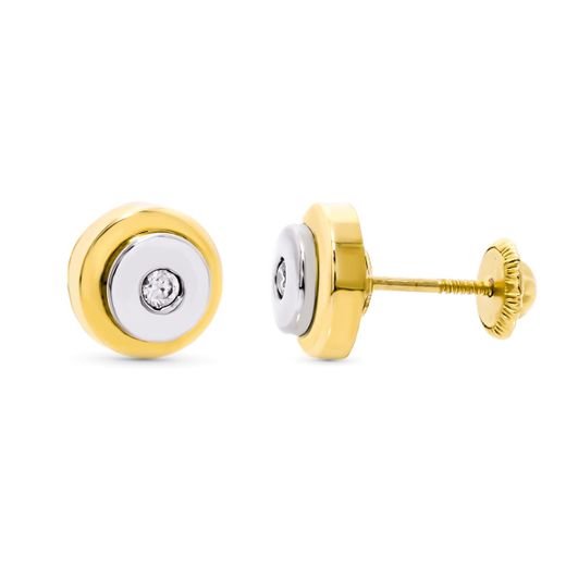 18K Pendientes Oro Bicolor Redondos Circonita 8 Mm Cierre Tuerca