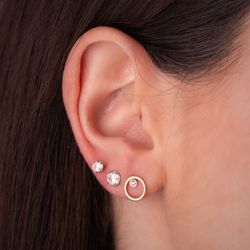 18K Pendientes Oro Bicolor Redondos Con Circonitas. Medida: 8 Mm. Cierre Presion