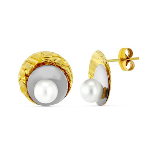 18K Pendientes Oro Bicolor Redondos Con Perlas. Cierre Presion