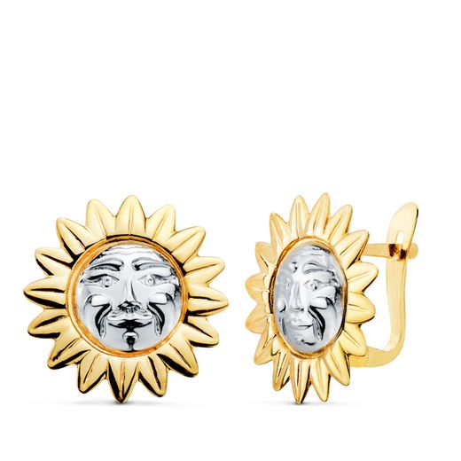 18K Pendientes Oro Bicolor Sol Con Cara En Brillo 15 X 15Mm.Cierre Catalan