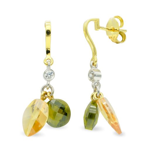 18K Pendientes Oro Bicolor Topacio Y Olivina Cierre Presion
