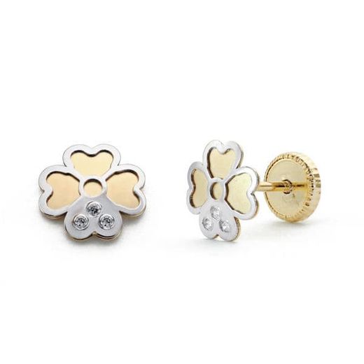 18K Pendientes Oro Bicolor Trebol. 6 Mm Cierre Tuerca
