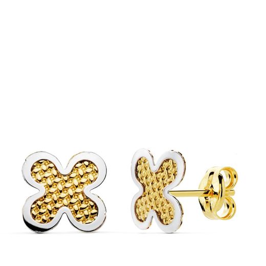 18K Pendientes Oro Bicolor Trebol 7X7 Mm Cierre Presion