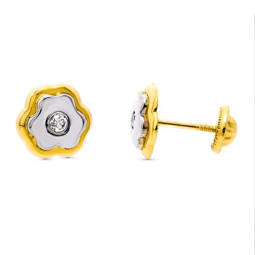 18K Pendientes Oro Bicolor Trebol. 8X8 Mm Cierre Tuerca