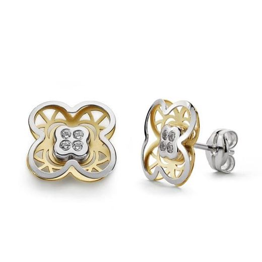 18K Pendientes Oro Bicolor Trebol Circonita 9 Mm Cierre Presion