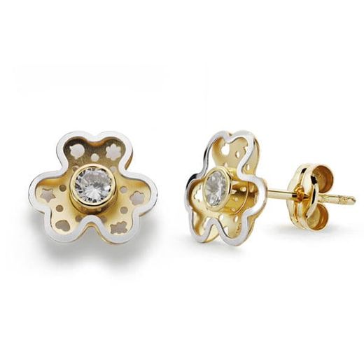 18K Pendientes Oro Bicolor Trebol Circonita 9X8 Mm Cierre Presion