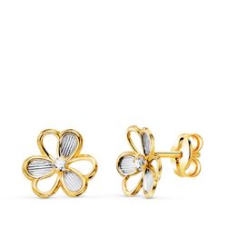 18K Pendientes Oro Bicolor Trebol Con Circonitas. Medida: 8X7 Mm. Cierre Presion