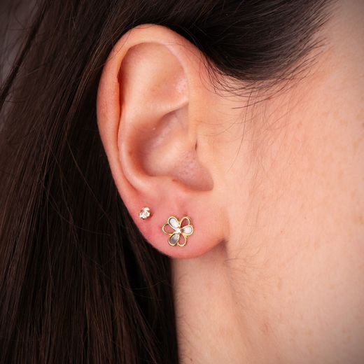 18K Pendientes Oro Bicolor Trebol Con Circonitas. Medida: 8X7 Mm. Cierre Presion