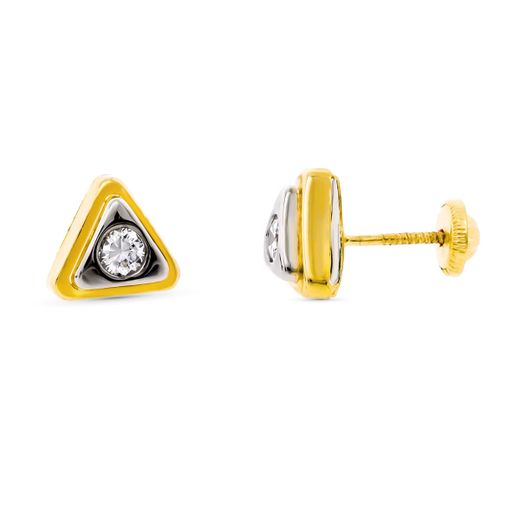 18K Pendientes Oro Bicolor Triangulo Con Circonita 8X8 Mm Cierre Tuerca