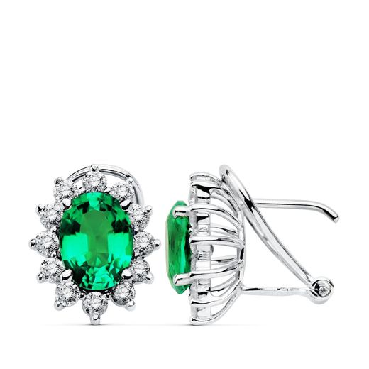 18K Pendientes Oro Blanco 24 Diamantes 0,84 Qts Vs2-G Y Esmeralda 8X6 Mm 2,20 Qtes Cierre Omega 13X11 Mm