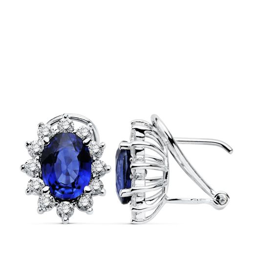 18K Pendientes Oro Blanco 28 Diamantes 0,84 Qts Vs2-G Y Zafiro 8X6 Mm 3,26 Qts Cierre Omega 12,5X11 Mm