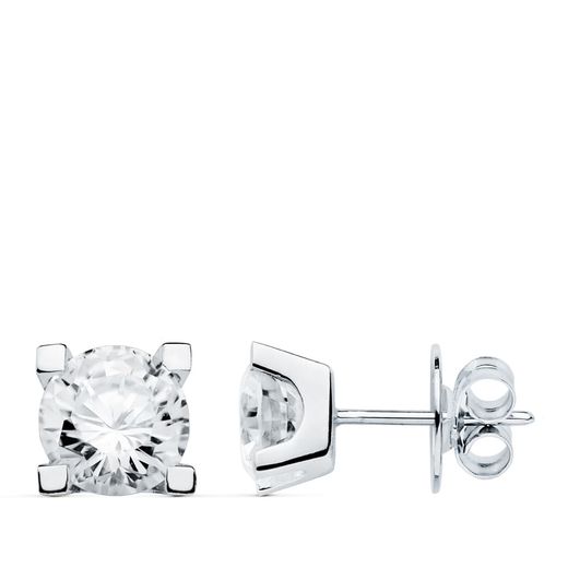 18K Pendientes Oro Blanco 4 Garras Circonita 7X7 Cierre Presion