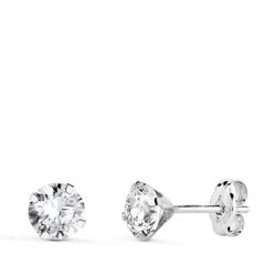 18K Pendientes Oro Blanco 4 Garras Con Circonita. Ancho: 5 Mm Cierre Presion