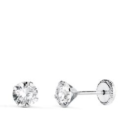 18K Pendientes Oro Blanco 4 Garras Con Circonita. Ancho: 5 Mm Cierre Tuerca