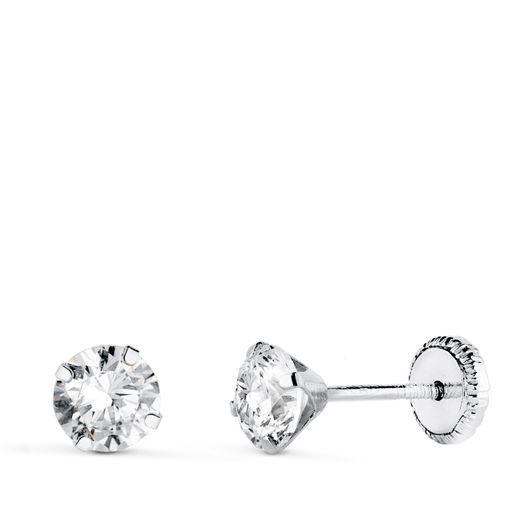 18K Pendientes Oro Blanco 4 Garras Con Circonita. Ancho: 5 Mm Cierre Tuerca