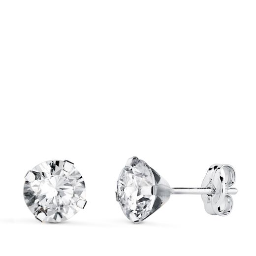 18K Pendientes Oro Blanco 4 Garras Con Circonita. Ancho: 6 Mm Cierre Presion