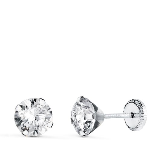 18K Pendientes Oro Blanco 4 Garras Con Circonita. Ancho: 6 Mm Cierre Tuerca
