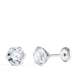 18K Pendientes Oro Blanco 6 Garras Con Circonita. Ancho: 6 Mm Cierre Tuerca