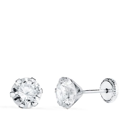 18K Pendientes Oro Blanco 6 Garras Con Circonita. Ancho: 6 Mm Cierre Tuerca