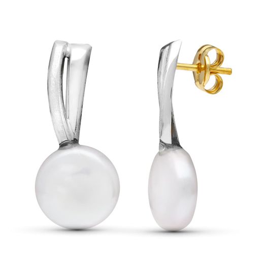 18K Pendientes Oro Blanco Bandas Perla Cultivada 9 Mm Total 21X9 Mm Presion