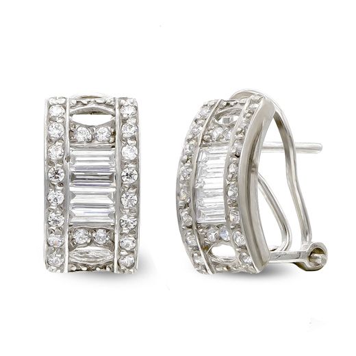 18K Pendientes Oro Blanco Barritas Y Circonita Cierre Omega