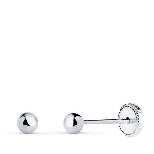 18K Pendientes Oro Blanco Bola Lisa Brilla Hueca. Ancho: 3 Mm. Cierre Tuerca