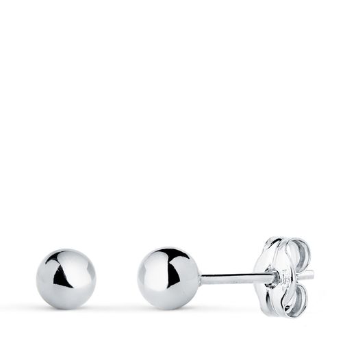 18K Pendientes Oro Blanco Bola Lisa Brilla Hueca. Ancho: 4 Mm. Cierre Presion