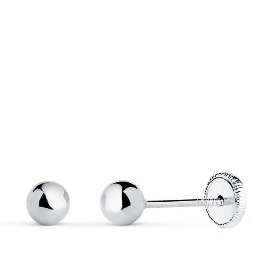 18K Pendientes Oro Blanco Bola Lisa Brilla Hueca. Ancho: 4 Mm. Cierre Tuerca