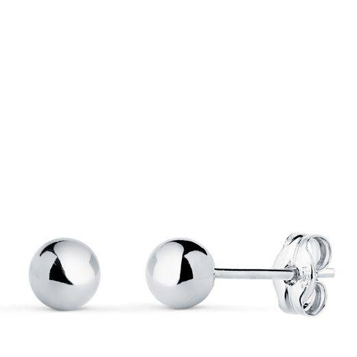 18K Pendientes Oro Blanco Bola Lisa Brilla Hueca. Ancho: 5 Mm. Cierre Presion