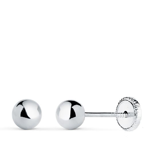 18K Pendientes Oro Blanco Bola Lisa Brilla Hueca. Ancho: 5 Mm. Cierre Tuerca
