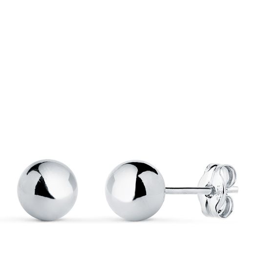 18K Pendientes Oro Blanco Bola Lisa Brilla Hueca. Ancho: 6 Mm. Cierre Presion