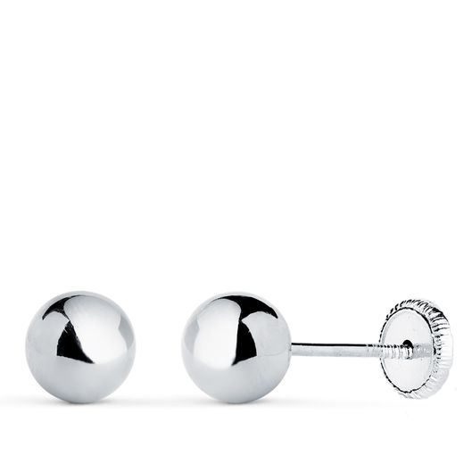 18K Pendientes Oro Blanco Bola Lisa Brilla Hueca. Ancho: 6 Mm. Cierre Tuerca