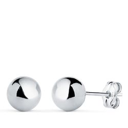 18K Pendientes Oro Blanco Bola Lisa Brilla Hueca. Ancho: 7 Mm. Cierre Presion