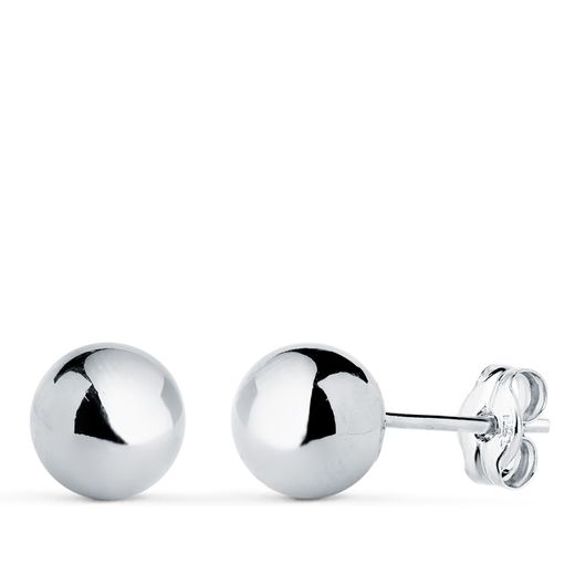 18K Pendientes Oro Blanco Bola Lisa Brilla Hueca. Ancho: 7 Mm. Cierre Presion