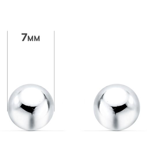18K Pendientes Oro Blanco Bola Lisa Brilla Hueca. Ancho: 7 Mm. Cierre Presion