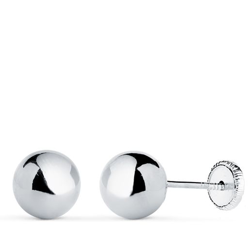 18K Pendientes Oro Blanco Bola Lisa Brilla Hueca. Ancho: 7 Mm. Cierre Tuerca