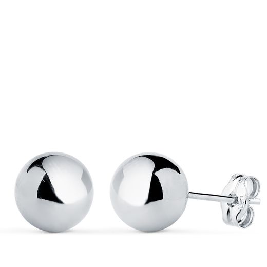 18K Pendientes Oro Blanco Bola Lisa Brilla Hueca. Ancho: 8 Mm. Cierre Presion