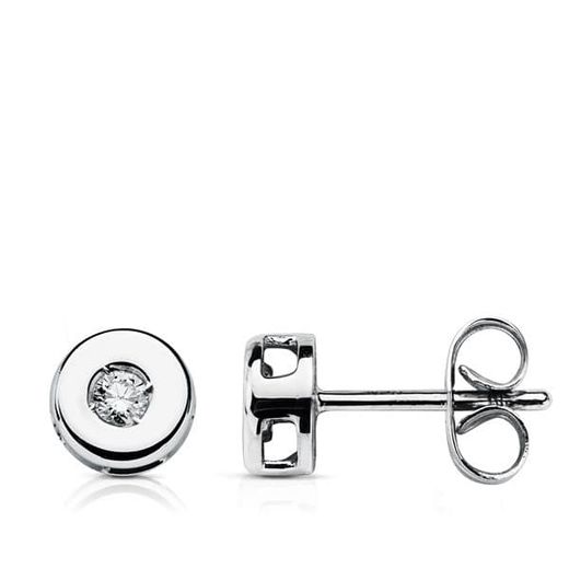 18K Pendientes Oro Blanco Chaton 6 Mm Diamantes 0,10 Qts Cierre Presion