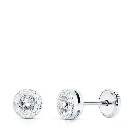 18K Pendientes Oro Blanco Chaton Con Greca Y Circonita 3 Mm Cierre Tuerca