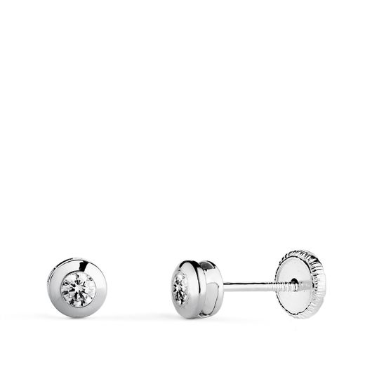 18K Pendientes Oro Blanco Chaton Galeria Con Circonita. Medida: 4 Mm. Cierre Tuerca